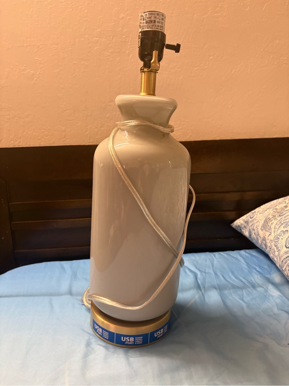 Ceramic Table Lamp in Light Gray with USB Base
